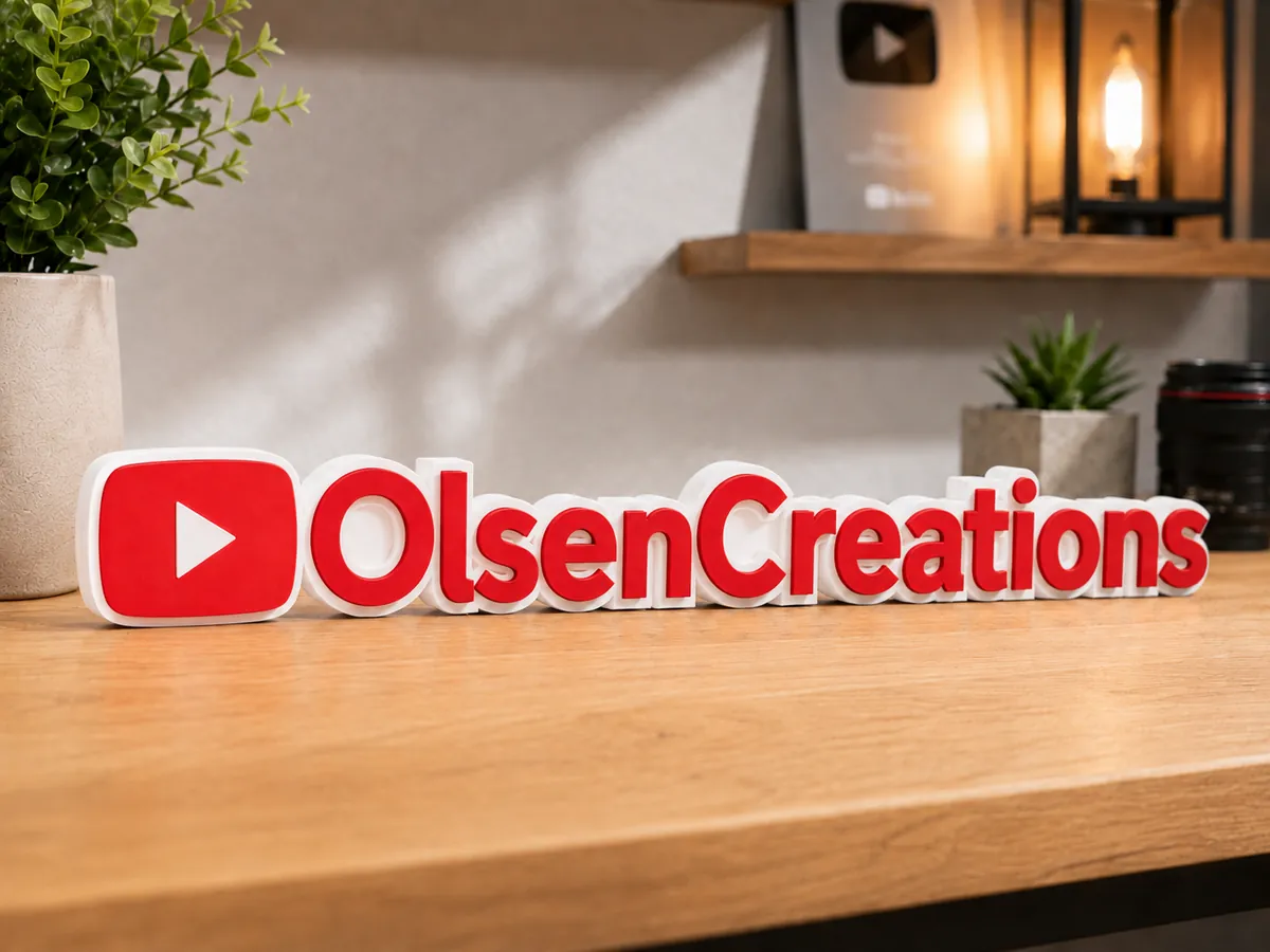 Red and white OlsenCreations sign with YouTube-style play button icon