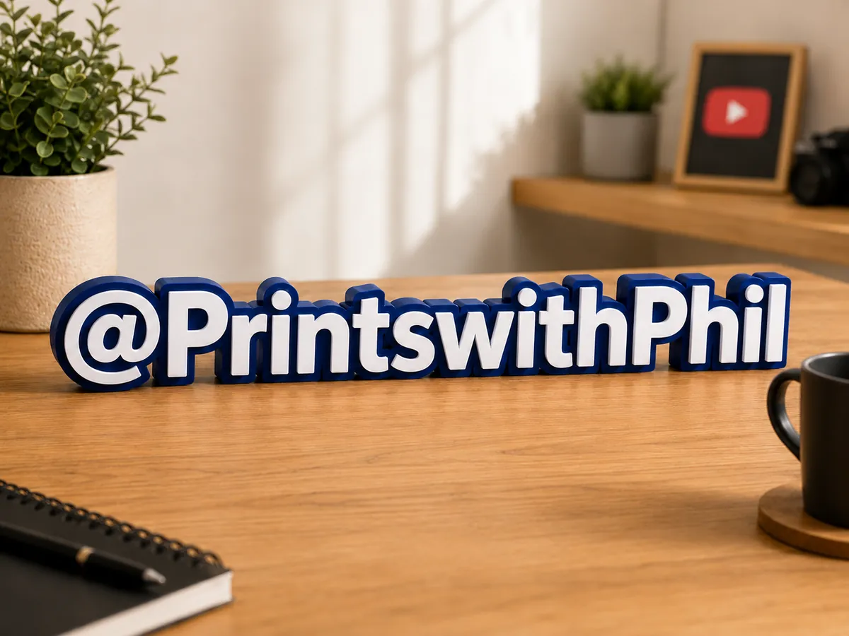 Blue and white @PrintsWithPhil 3D desk sign