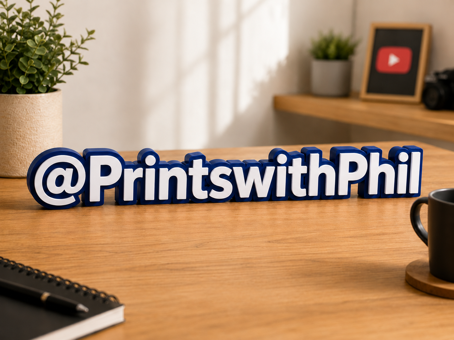 Blue and white @PrintsWithPhil 3D desk sign